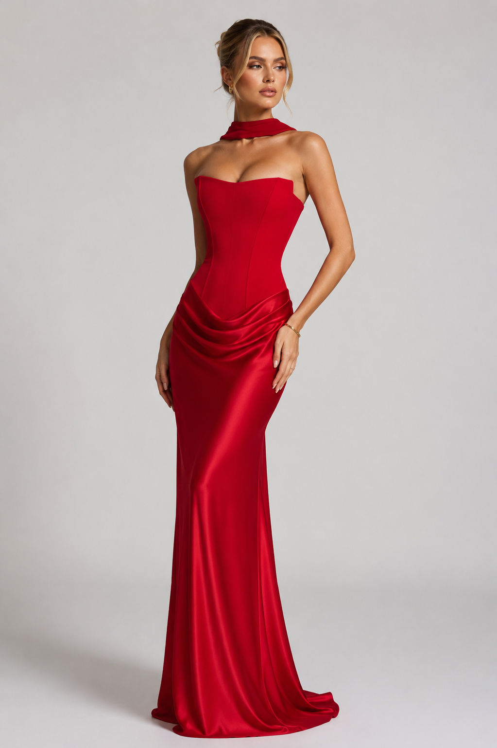 Women's Boned Corset Satin Maxi Dress with High Slit for Evening Elegance