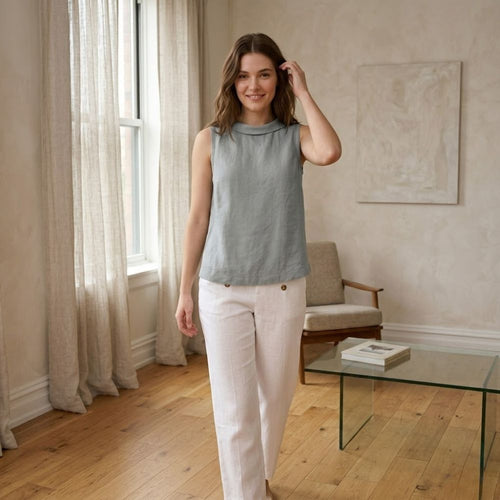 Women’s Sleeveless Linen Shell Top with Elegant Roll Collar and Minimalist Silhouette