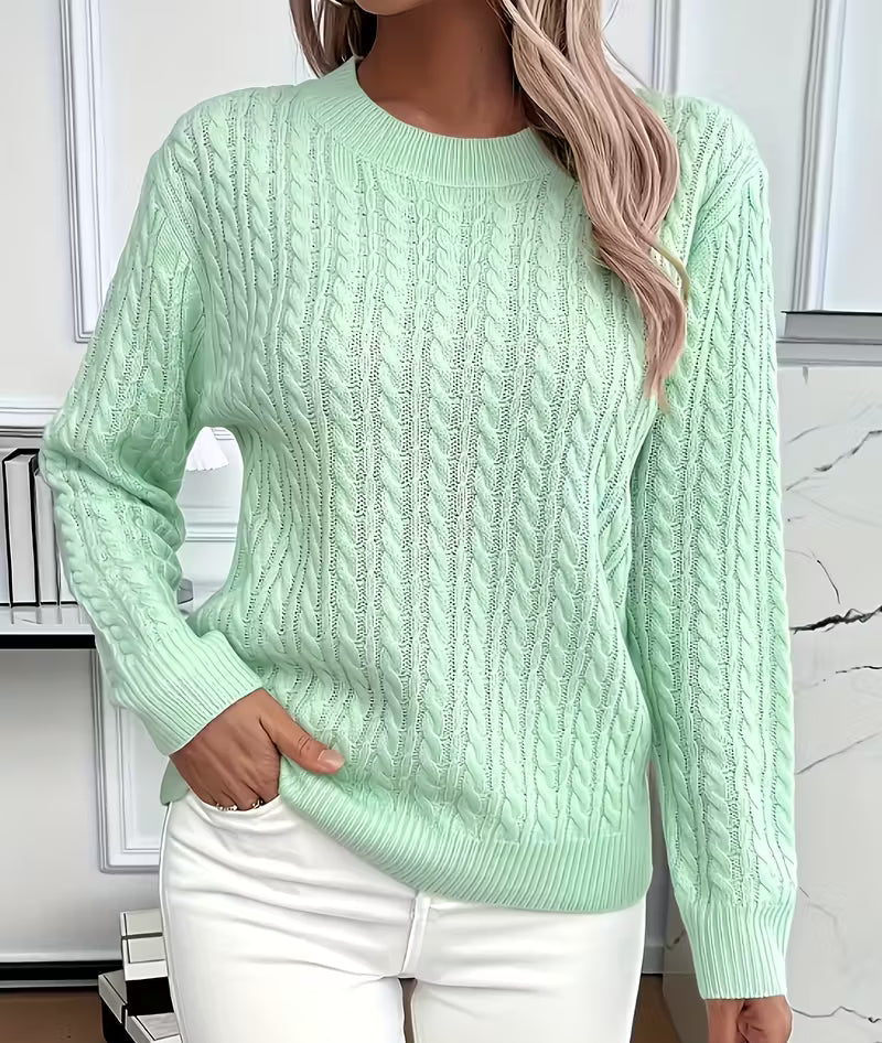 Women's Cable-Knit Crew-Neck Sweater with Ribbed Trim