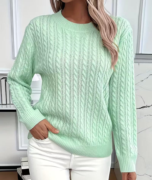 Women's Cable-Knit Crew-Neck Sweater with Ribbed Trim
