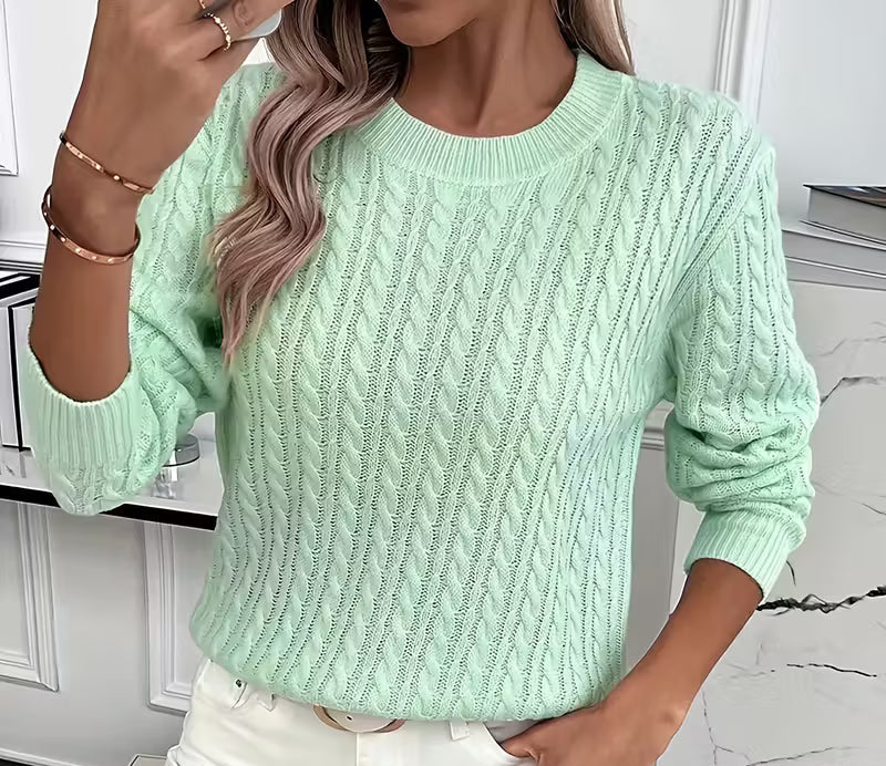 Women's Cable-Knit Crew-Neck Sweater with Ribbed Trim