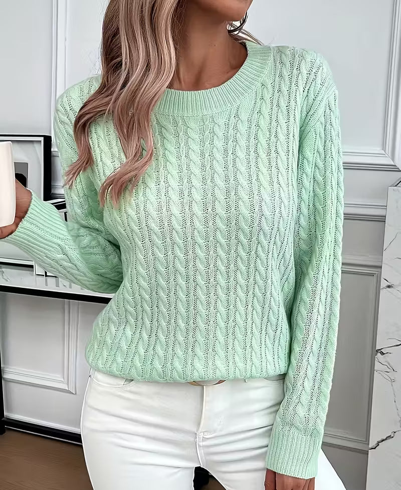 Women's Cable-Knit Crew-Neck Sweater with Ribbed Trim