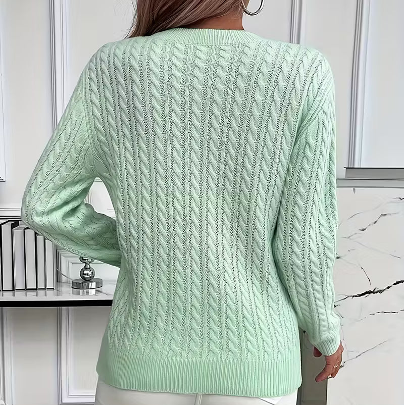 Women's Cable-Knit Crew-Neck Sweater with Ribbed Trim
