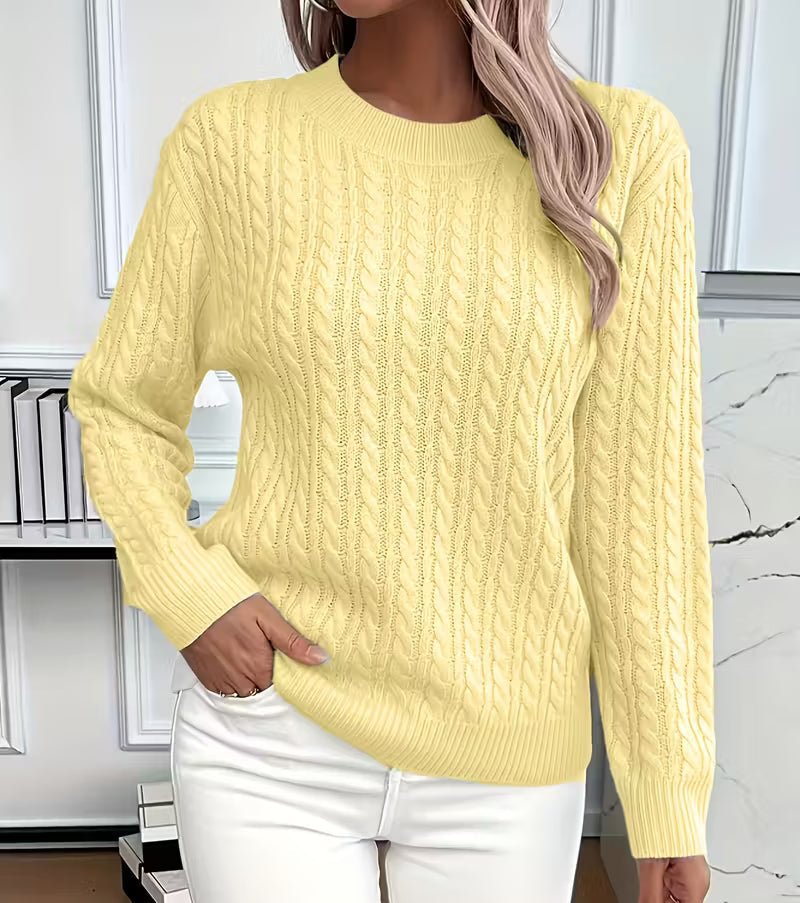 Women's Cable-Knit Crew-Neck Sweater with Ribbed Trim