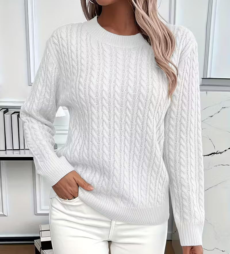 Women's Cable-Knit Crew-Neck Sweater with Ribbed Trim