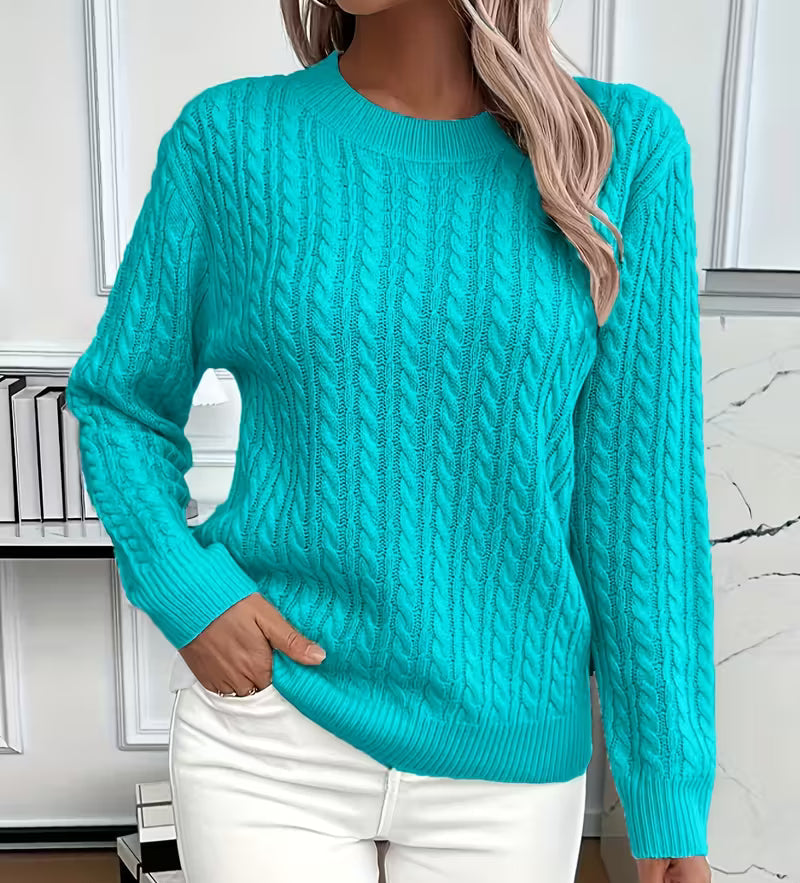 Women's Cable-Knit Crew-Neck Sweater with Ribbed Trim