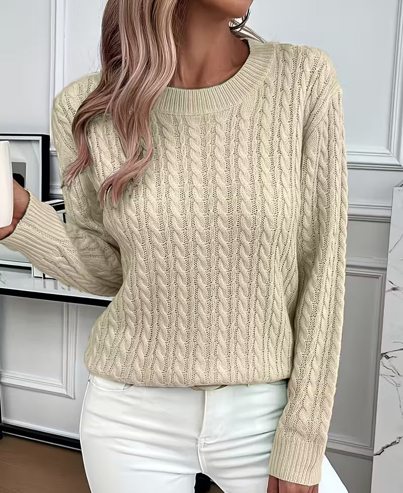 Women's Cable-Knit Crew-Neck Sweater with Ribbed Trim