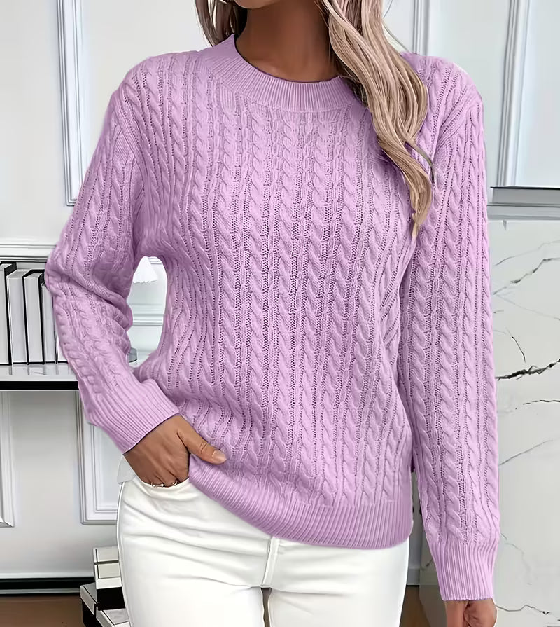 Women's Cable-Knit Crew-Neck Sweater with Ribbed Trim