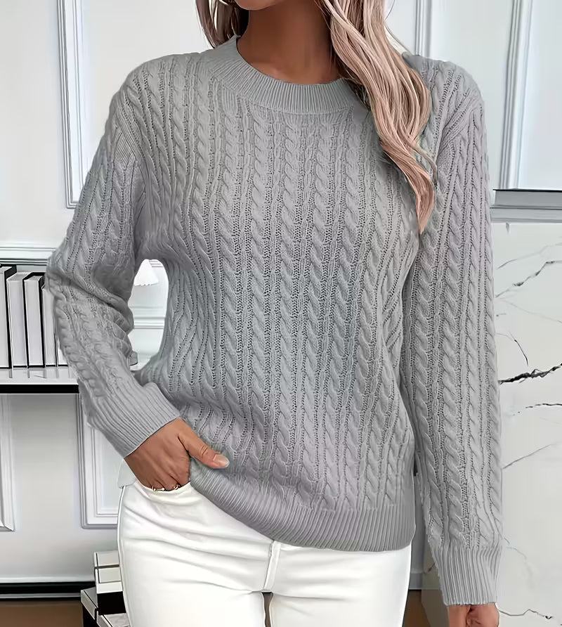 Women's Cable-Knit Crew-Neck Sweater with Ribbed Trim