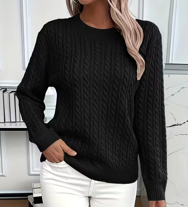 Women's Cable-Knit Crew-Neck Sweater with Ribbed Trim