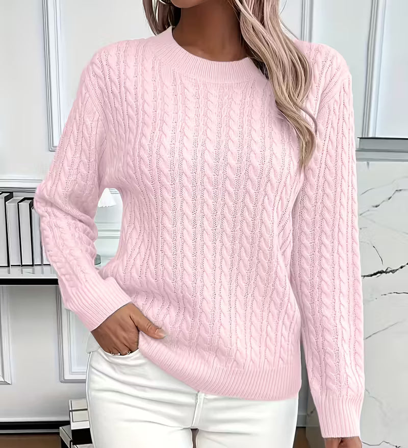 Women's Cable-Knit Crew-Neck Sweater with Ribbed Trim