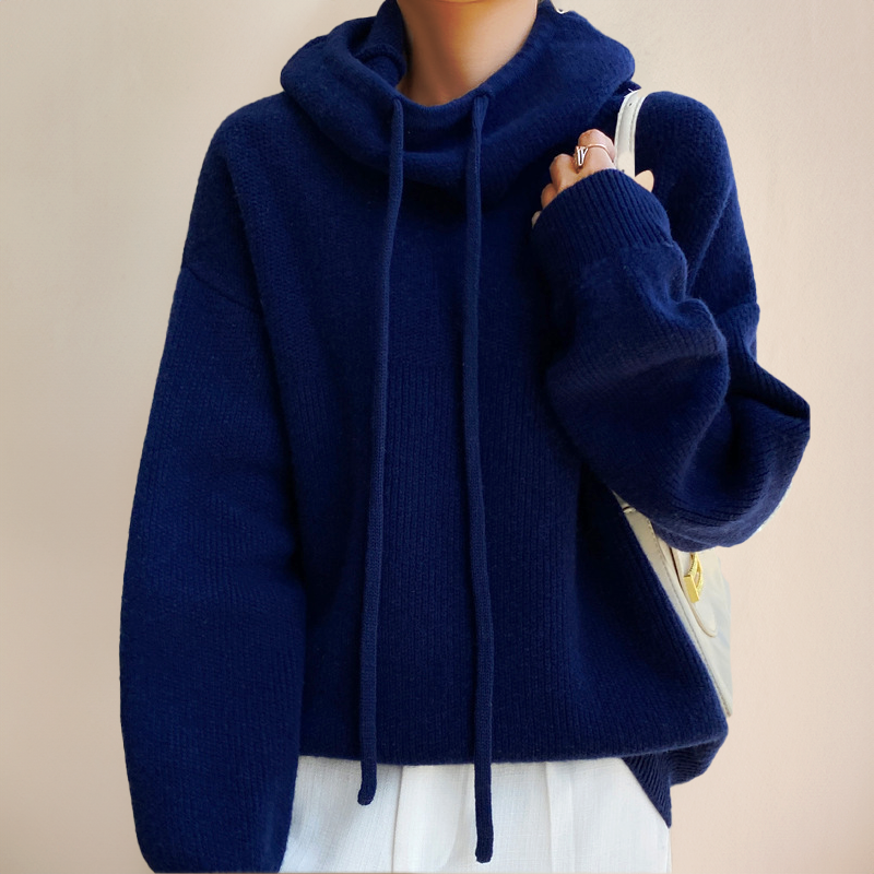 Women's Oversized Knit Pullover Sweater with Cowl Neck and Drawstring Hoodie Detail