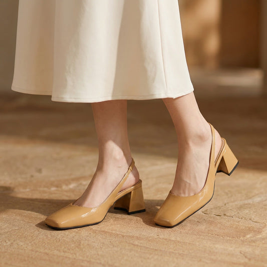 Women’s Block Heel Pumps with Genuine Leather Slingback and Square Toe