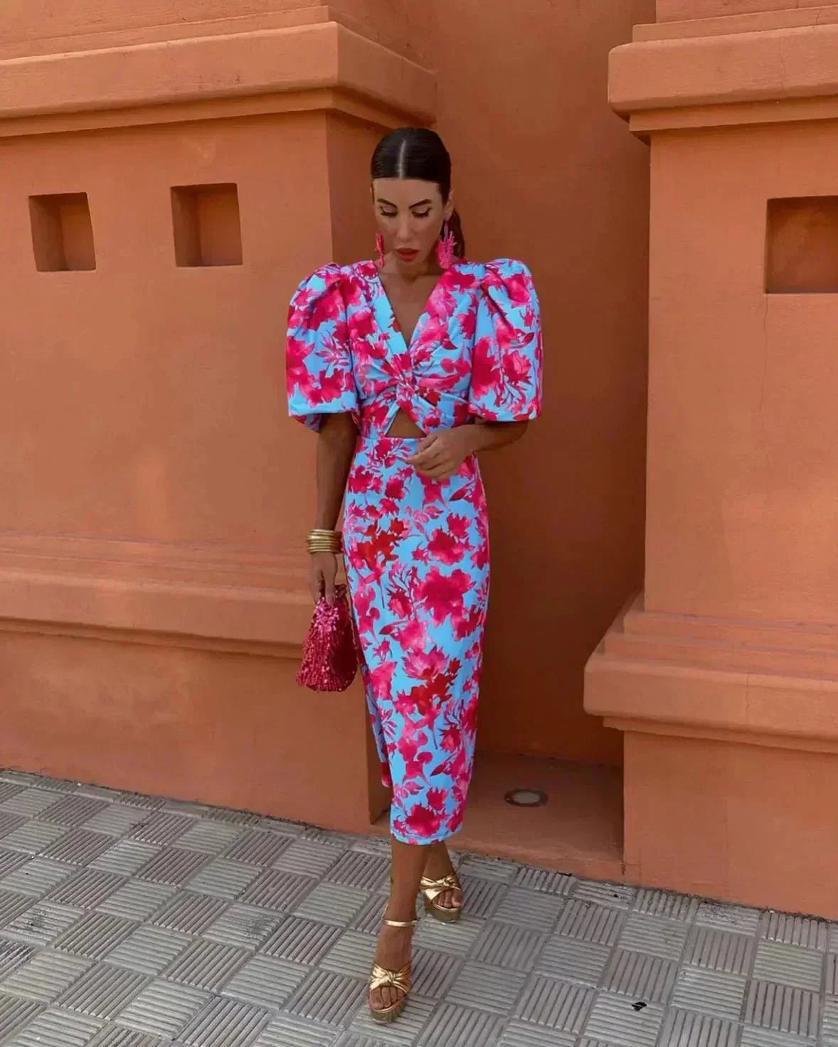 Women’s Midi Dress with Puff Sleeves and Twisted Cut-Out Floral Design