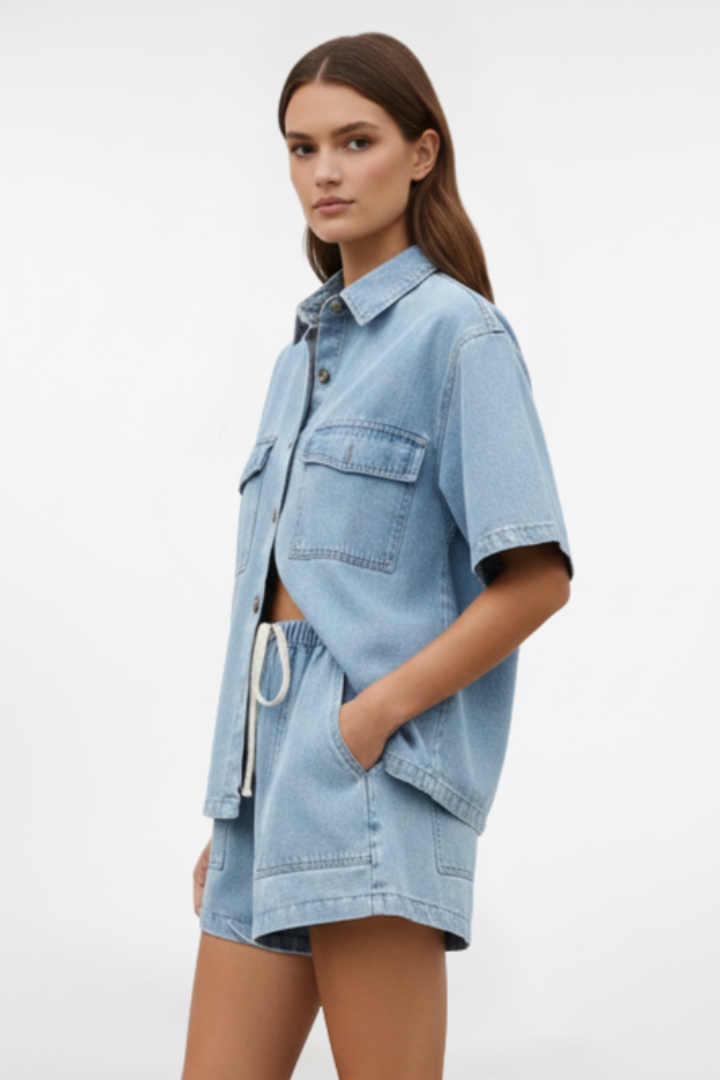 Women's Summer Set with Short Sleeve Button-Down Denim Shirt and Shorts