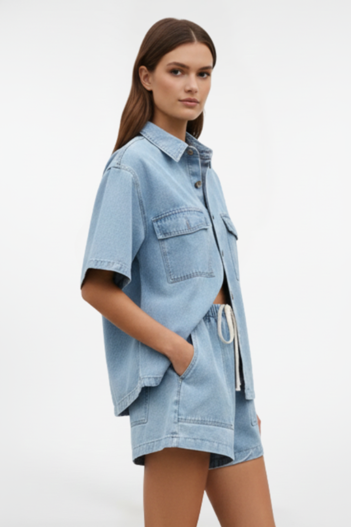 Women's Summer Set with Short Sleeve Button-Down Denim Shirt and Shorts
