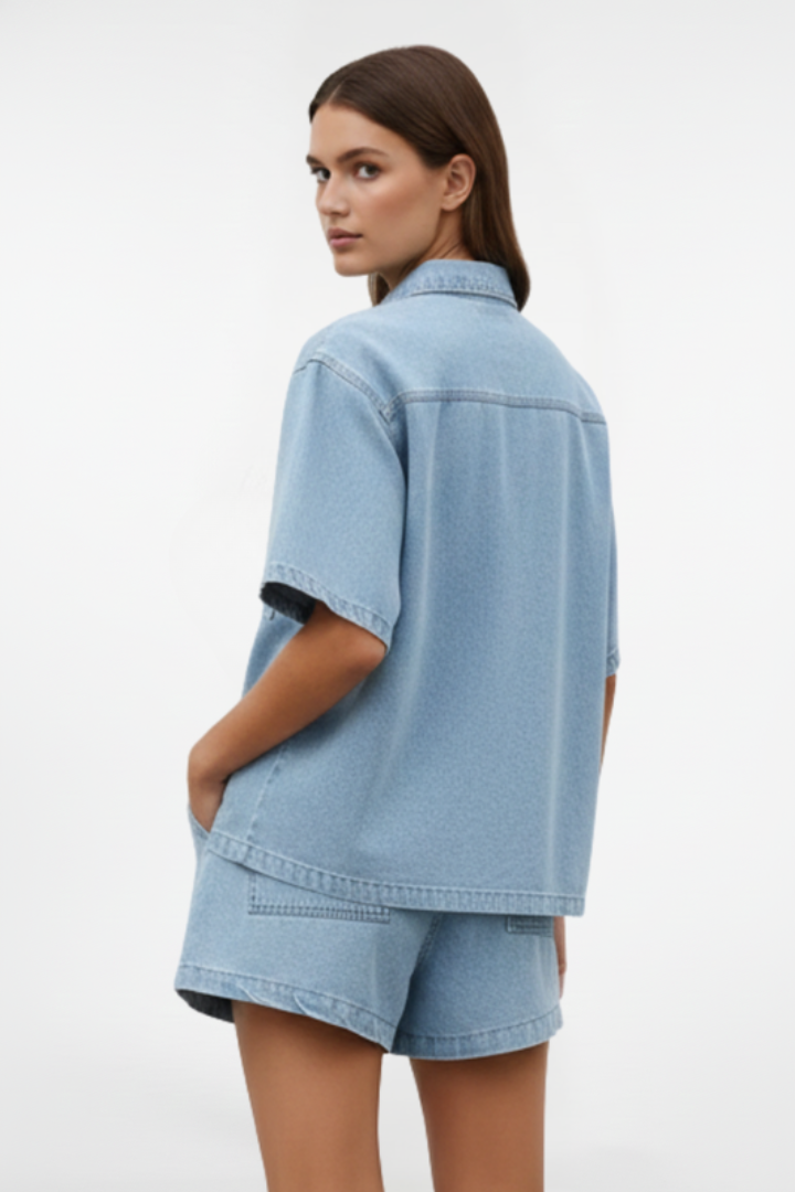 Women's Summer Set with Short Sleeve Button-Down Denim Shirt and Shorts