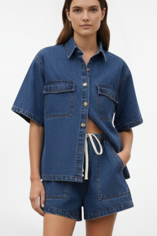 Women's Summer Set with Short Sleeve Button-Down Denim Shirt and Shorts