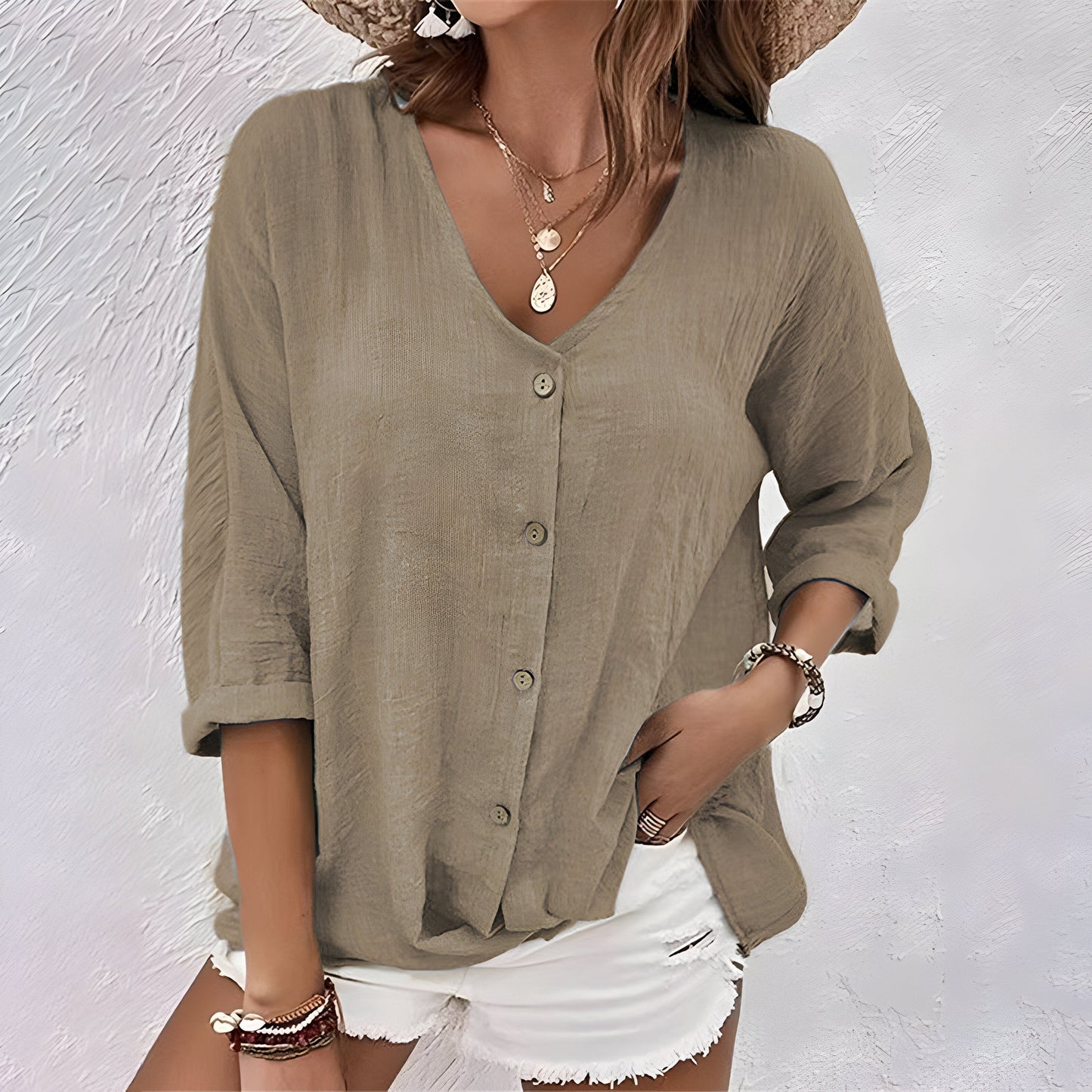 Women’s Relaxed V-Neck Button Up Blouse with Textured Finish and 3/4 Sleeves