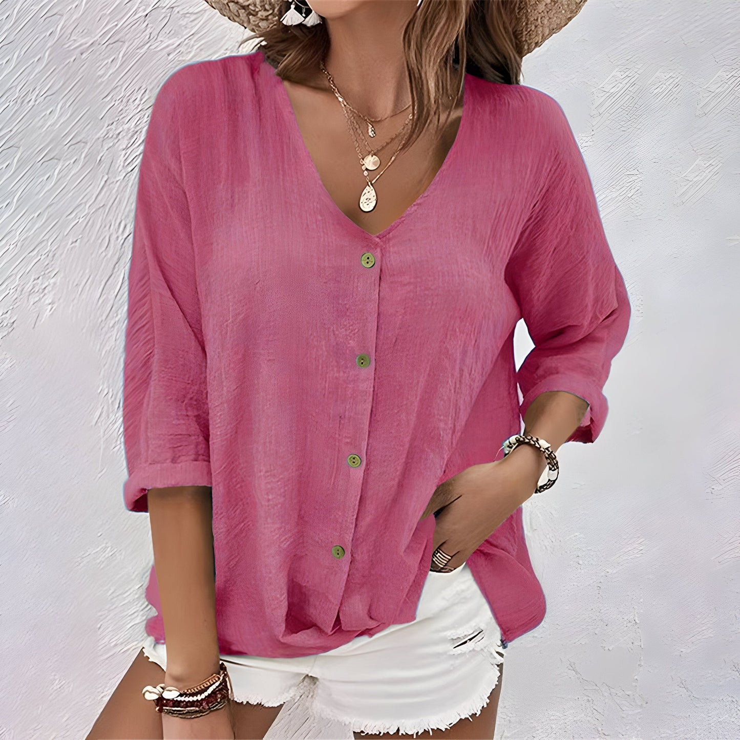 Women’s Relaxed V-Neck Button Up Blouse with Textured Finish and 3/4 Sleeves