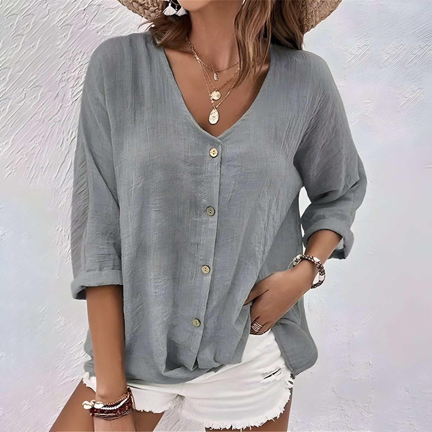 Women’s Relaxed V-Neck Button Up Blouse with Textured Finish and 3/4 Sleeves