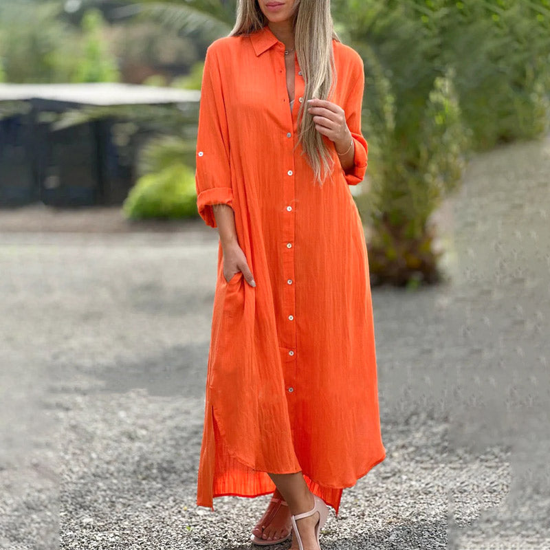 Women’s Maxi Shirt Dress Casual Button-Down with Roll-Up Sleeves and Pockets
