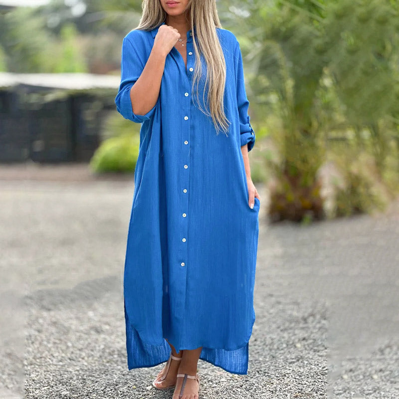 Women’s Maxi Shirt Dress Casual Button-Down with Roll-Up Sleeves and Pockets