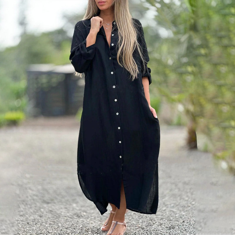 Women’s Maxi Shirt Dress Casual Button-Down with Roll-Up Sleeves and Pockets