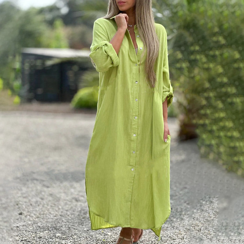 Women’s Maxi Shirt Dress Casual Button-Down with Roll-Up Sleeves and Pockets