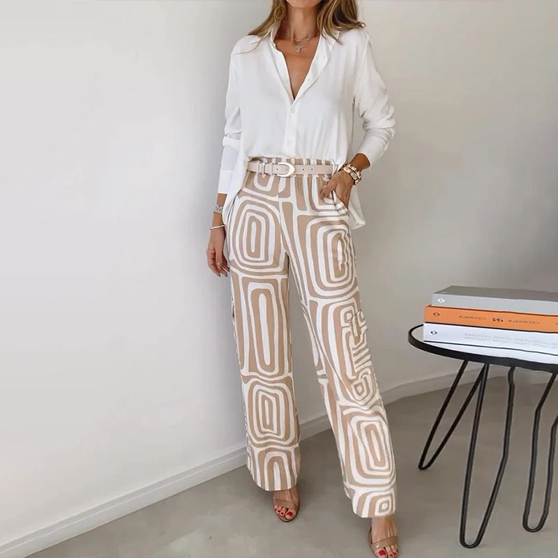 Women’s 2-Piece Set with Button-Down Shirt and Printed Wide Leg Pants