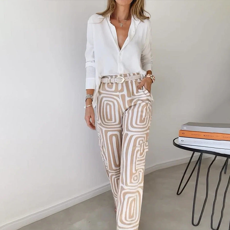 Women’s 2-Piece Set with Button-Down Shirt and Printed Wide Leg Pants
