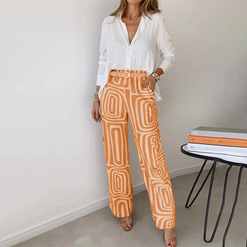 Women’s 2-Piece Set with Button-Down Shirt and Printed Wide Leg Pants