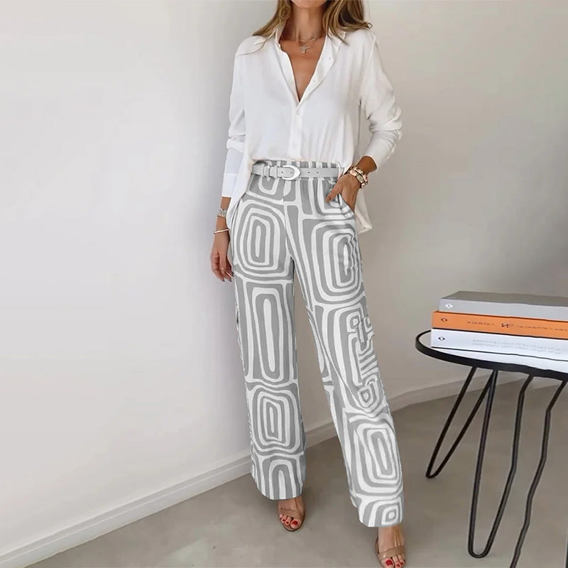 Women’s 2-Piece Set with Button-Down Shirt and Printed Wide Leg Pants