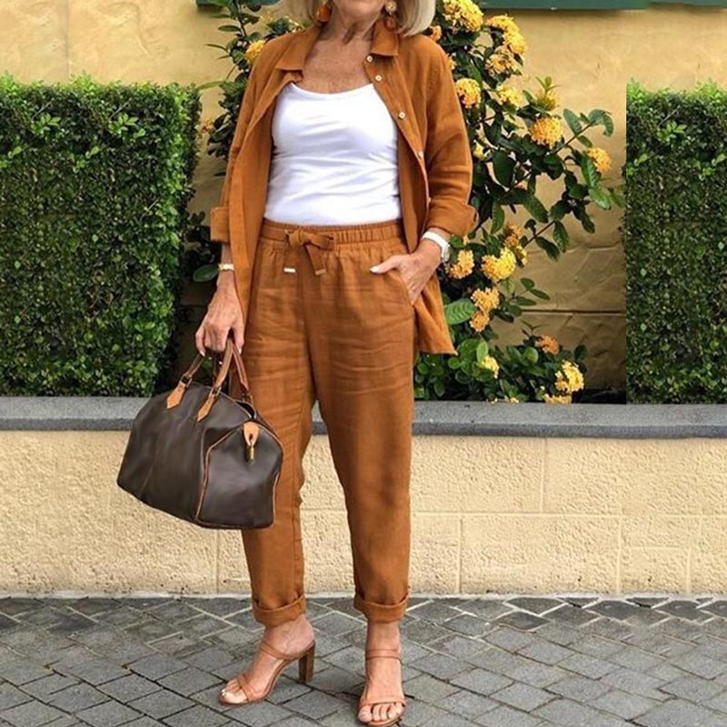 Women’s 2-Piece Linen Set with Long Sleeve Button Down Shirt and Drawstring Pants