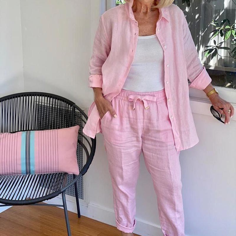 Women’s 2-Piece Linen Set with Long Sleeve Button Down Shirt and Drawstring Pants