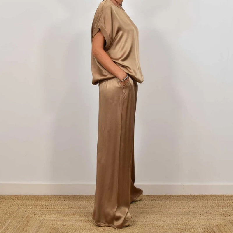 Women’s Satin Two-Piece Set with Wide-Leg Trousers and Relaxed Short-Sleeve Top
