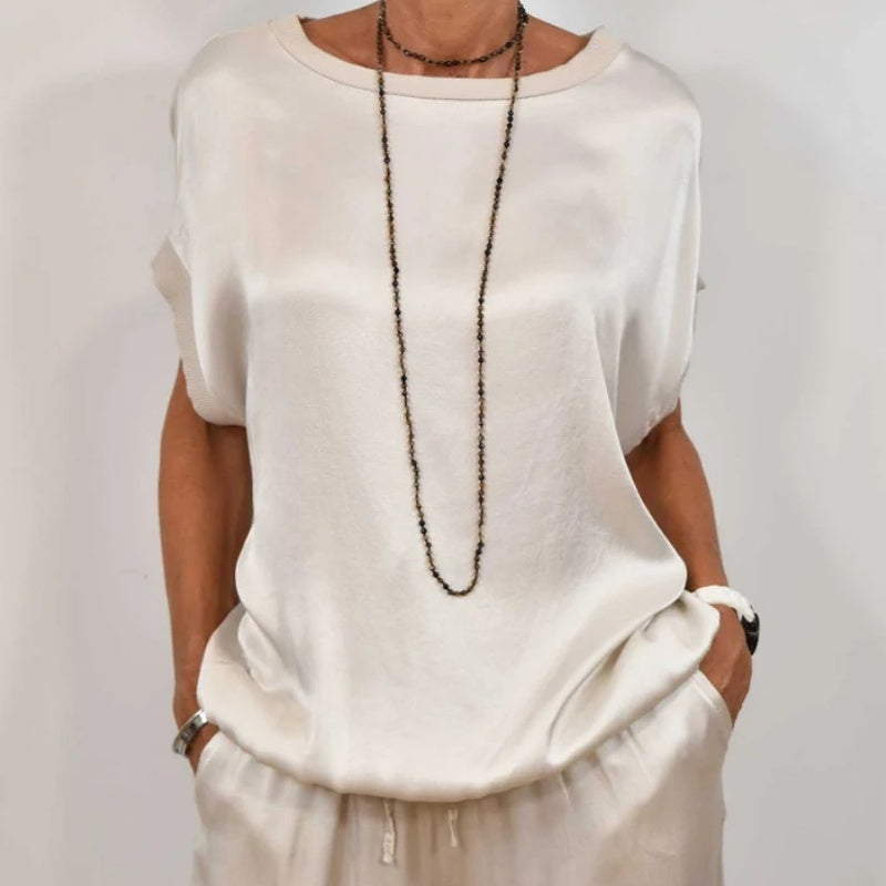 Women’s Satin Two-Piece Set with Wide-Leg Trousers and Relaxed Short-Sleeve Top