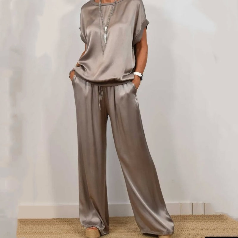 Women’s Satin Two-Piece Set with Wide-Leg Trousers and Relaxed Short-Sleeve Top