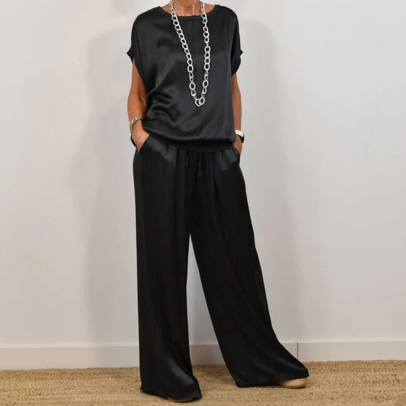 Women’s Satin Two-Piece Set with Wide-Leg Trousers and Relaxed Short-Sleeve Top