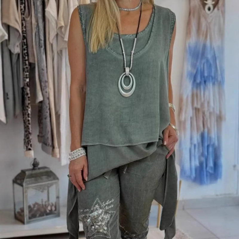 Women’s 2-Piece Set with Sleeveless Asymmetric Top and Floral Slim Pants