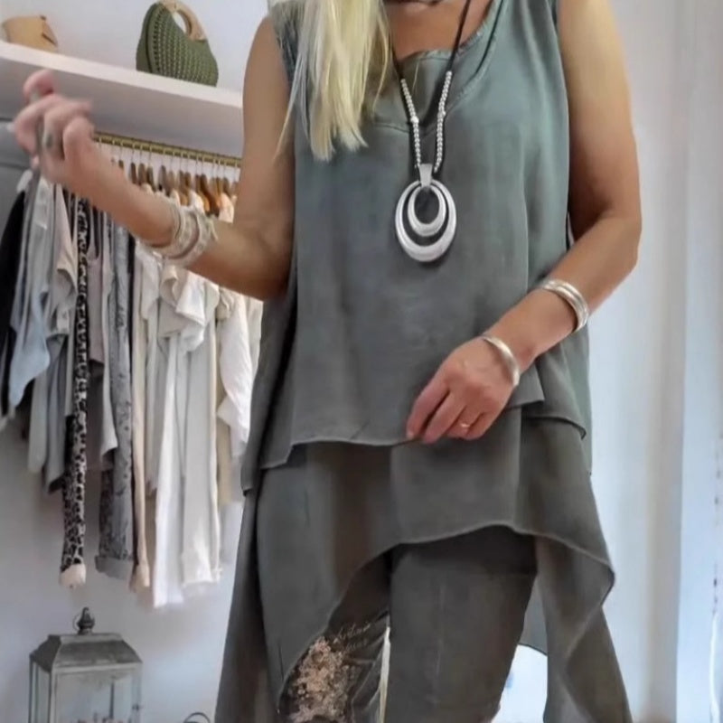 Women’s 2-Piece Set with Sleeveless Asymmetric Top and Floral Slim Pants