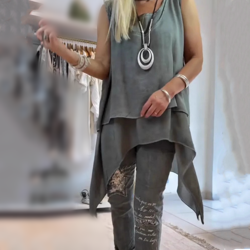 Women’s 2-Piece Set with Sleeveless Asymmetric Top and Floral Slim Pants