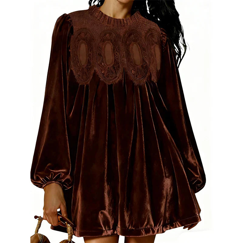 Women’s Flared Lace Blouse with Long Sleeves and Velvet Trim