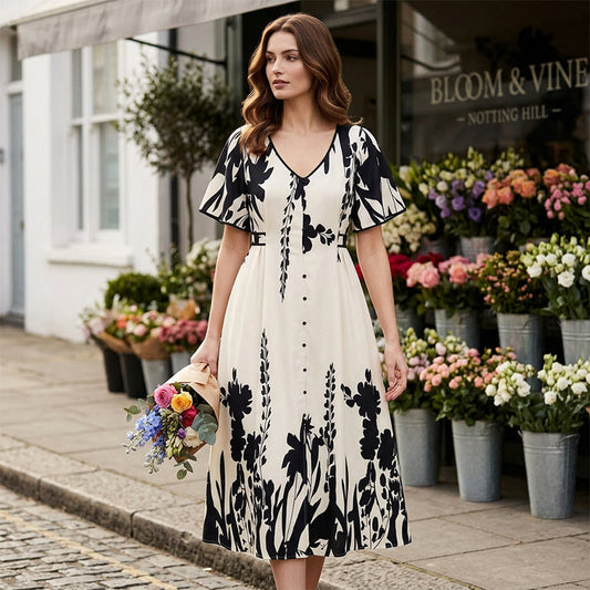 Women’s Midi Dress with Button-Down Front and Botanical Floral Print