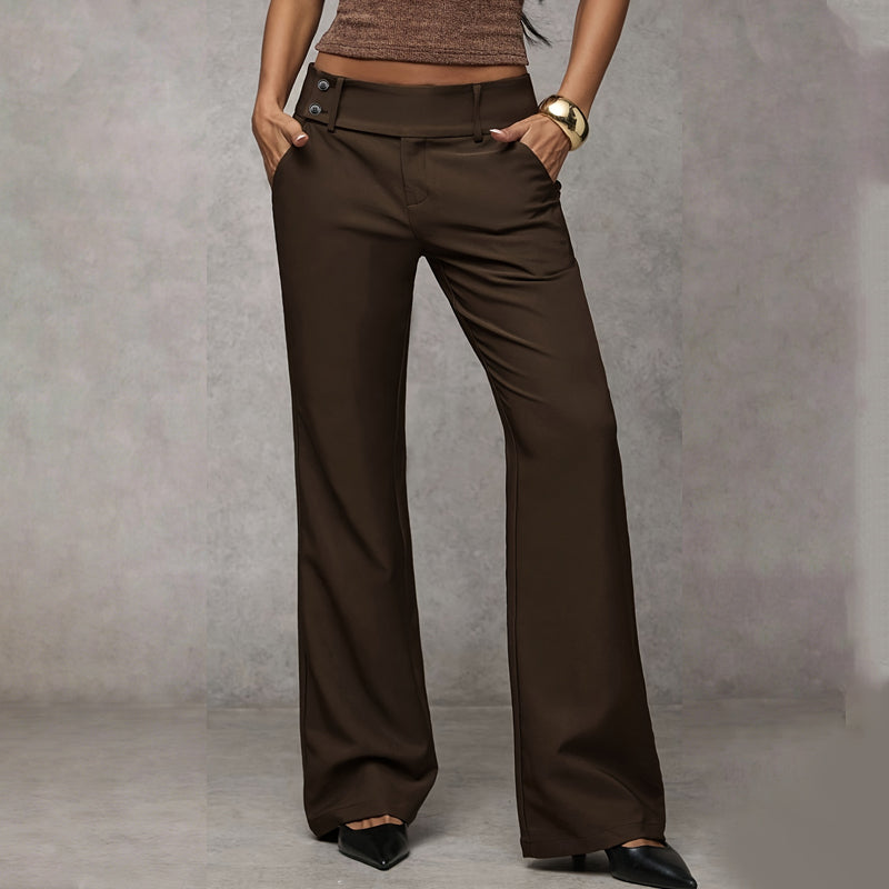Women’s Low Rise Flare Trousers Mid Waist Wide Leg Casual Dress Pants