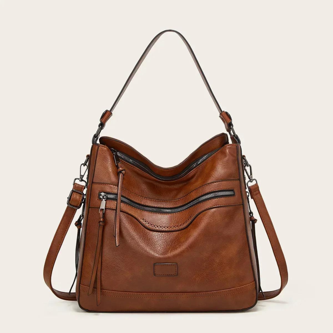 Women's Leather Shoulder Bag with Zip Details and Crossbody Strap