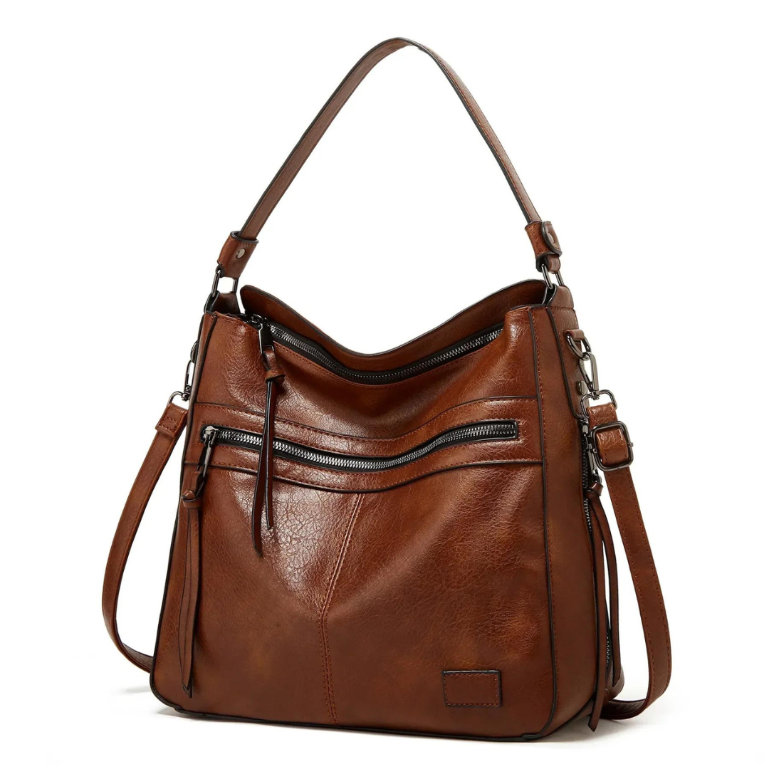Women's Leather Shoulder Bag with Zip Details and Crossbody Strap