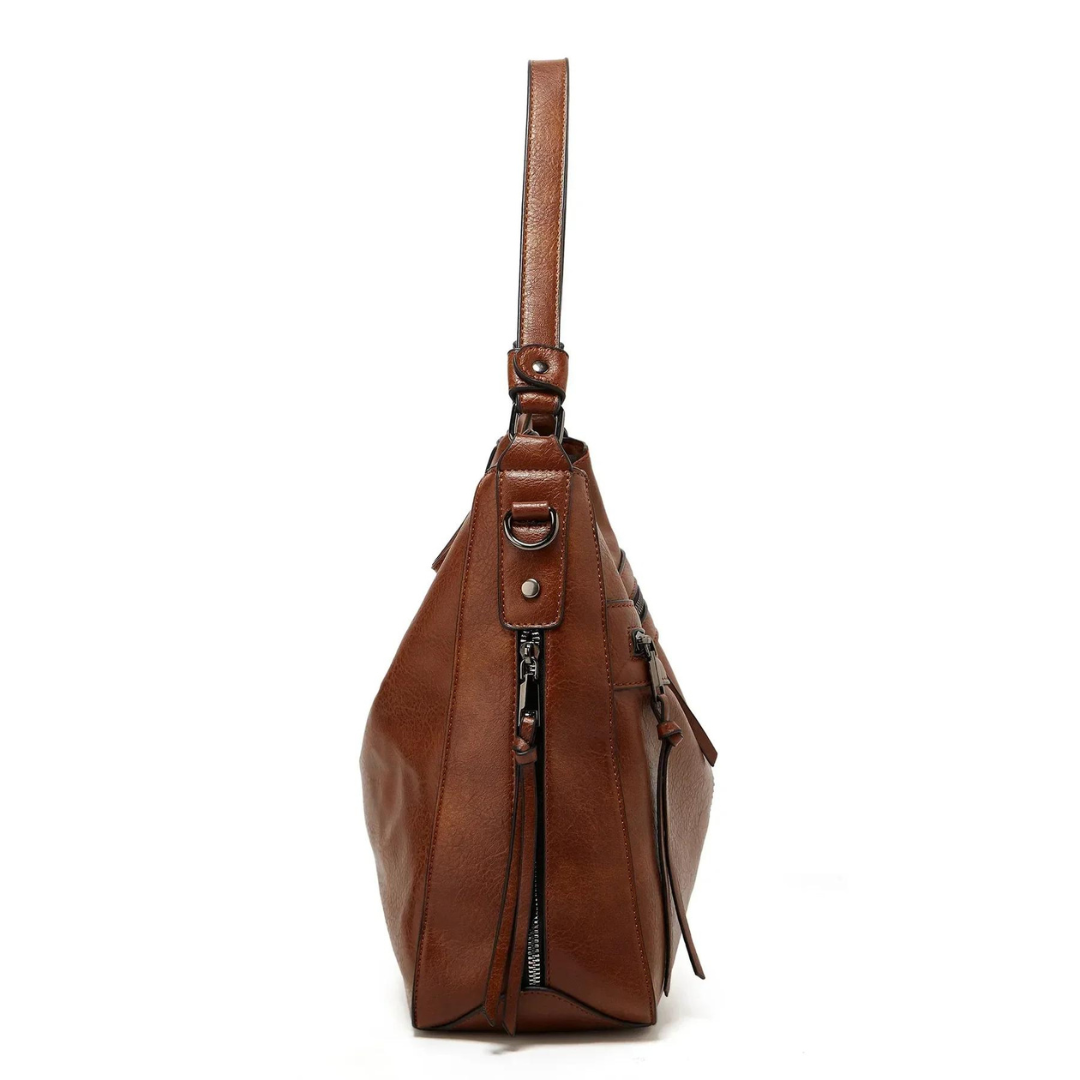 Women's Leather Shoulder Bag with Zip Details and Crossbody Strap