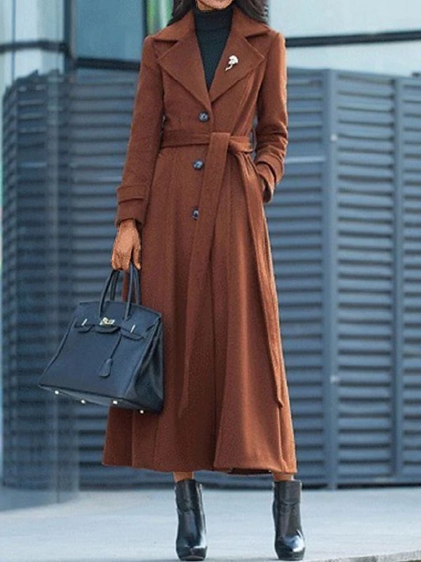 Women's Longline Single-Breasted Coat with Notch Collar