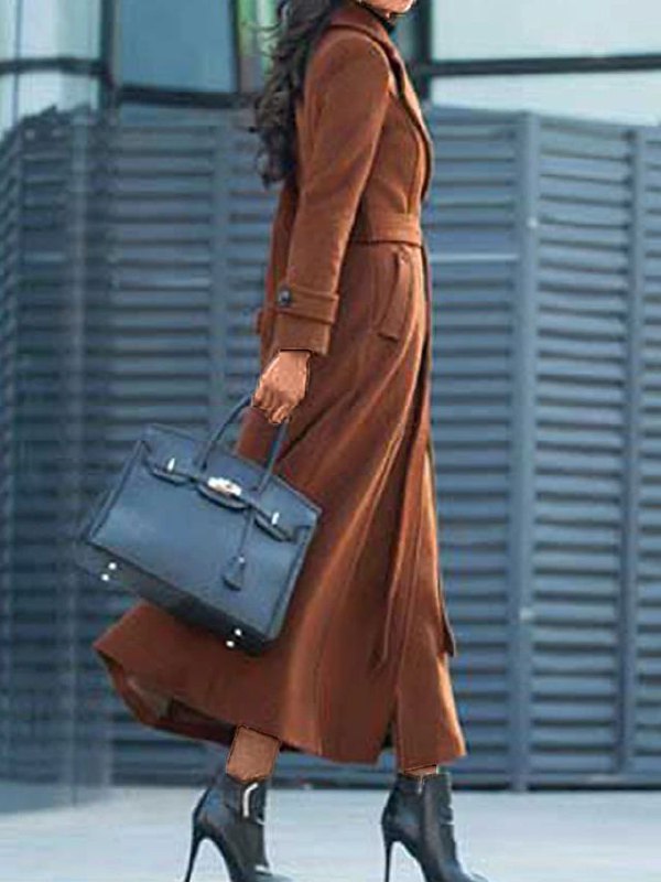 Women's Longline Single-Breasted Coat with Notch Collar